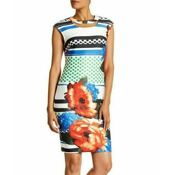 Eci Women's Red Print Scuba Cut out Sleeveless Shift Dress Size 8 - Picture 7 of 10